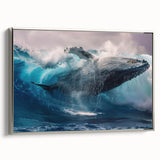 Framed canvas wall art featuring a silver marine life design showcasing a majestic whale in vibrant blues and whites, perfect for ocean-themed decor.