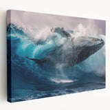 Stretched canvas wall art depicting a majestic blue whale in vibrant colors, showcasing intricate marine life design with a serene ocean backdrop, perfect for ocean enthusiasts.