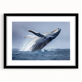 Framed wall art showcasing a stunning marine life design featuring a whale, set in a contemporary black frame with a mat, ideal for ocean-themed decor.