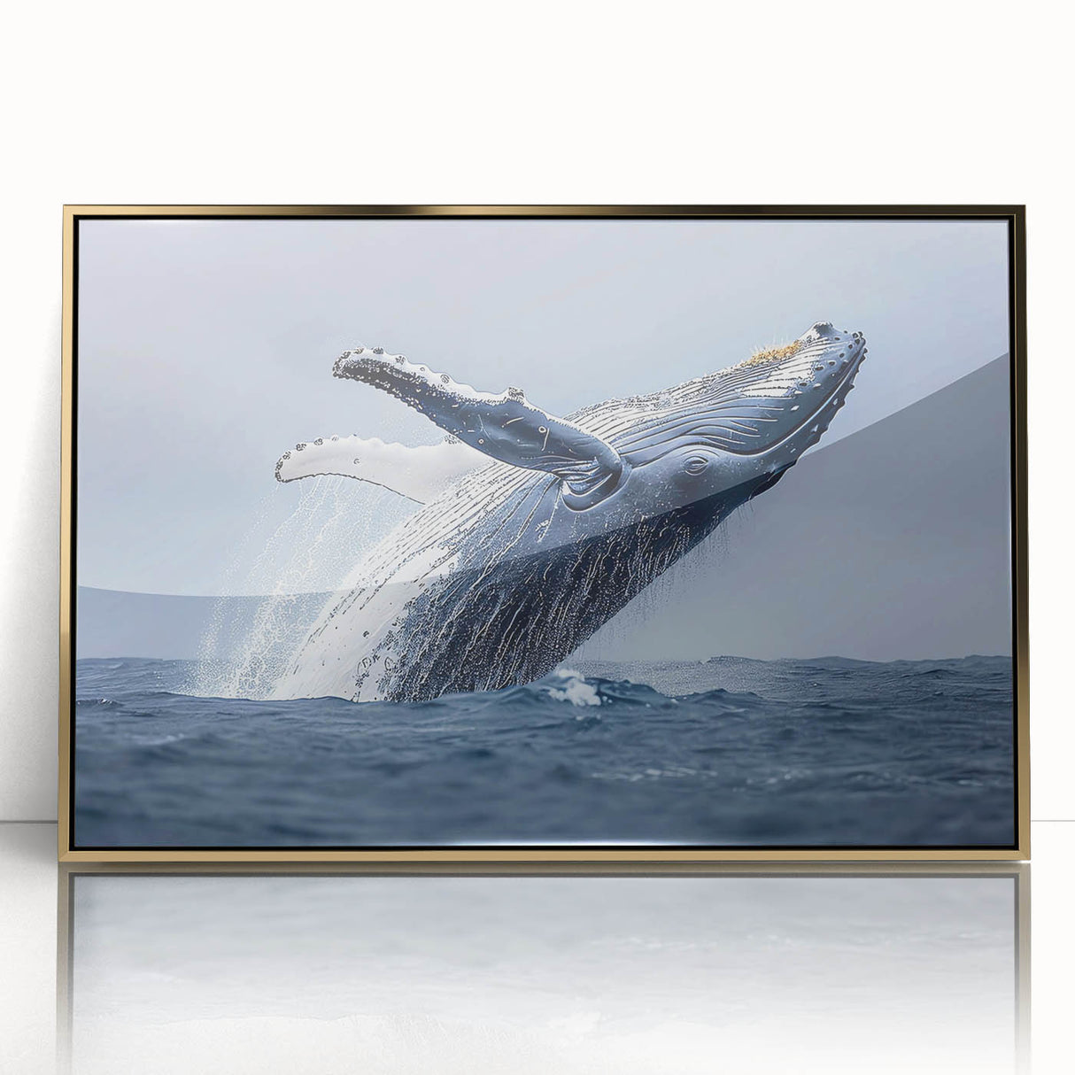 Framed acrylic wall art featuring a striking marine life design with a majestic whale, accented by a gold frame, ideal for ocean-themed decor.