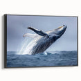 Framed canvas wall art featuring a stunning design of marine life with a majestic whale, set against a black background, showcasing intricate details and vibrant colors. Perfect for ocean enthusiasts and home decor lovers.