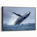 Framed canvas wall art featuring a stunning design of marine life with a majestic whale, set against a black background, showcasing intricate details and vibrant colors. Perfect for ocean enthusiasts and home decor lovers.