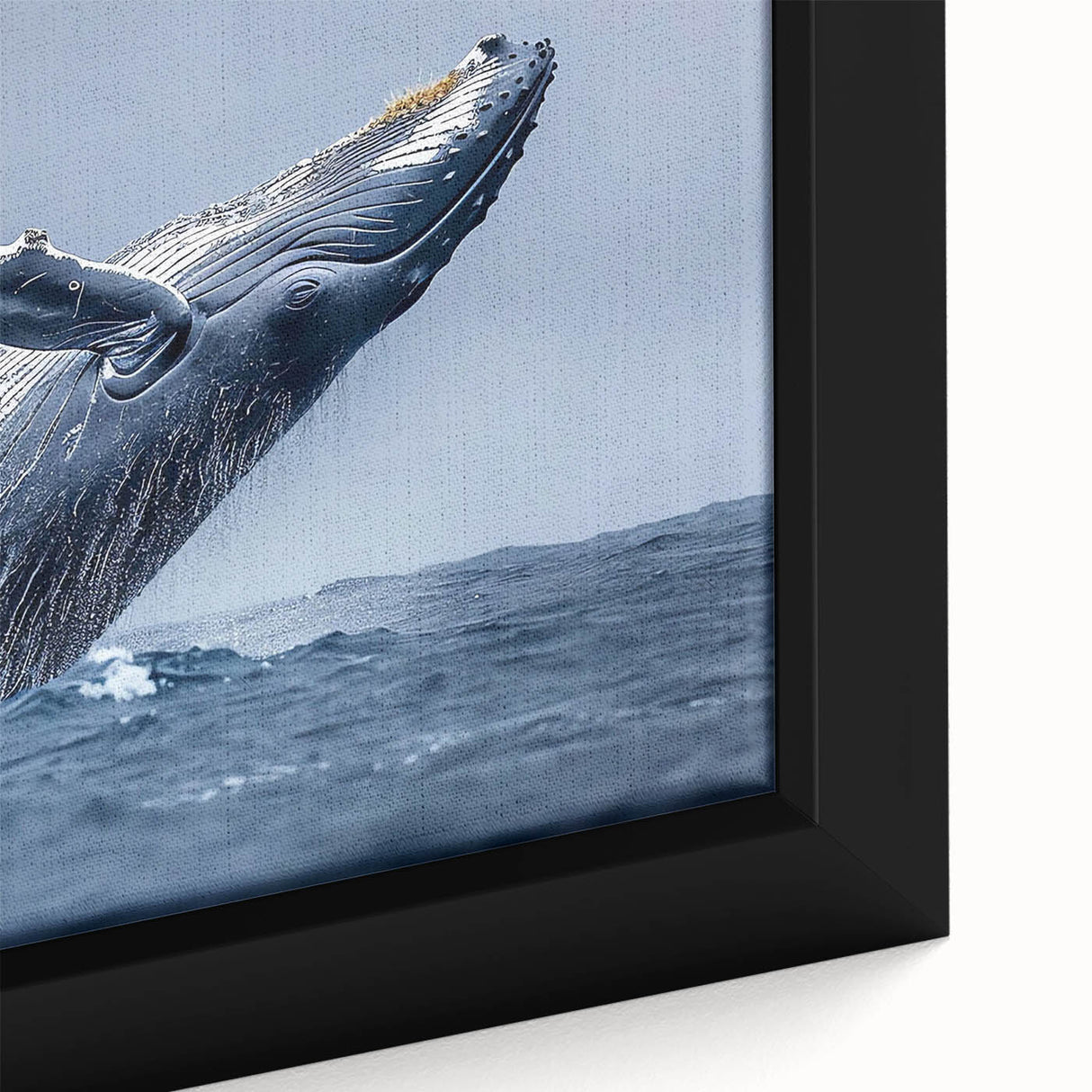 Close-up of a framed marine life wall art piece featuring a beautifully designed whale, showcasing vibrant colors and intricate details, perfect for ocean-themed decor.