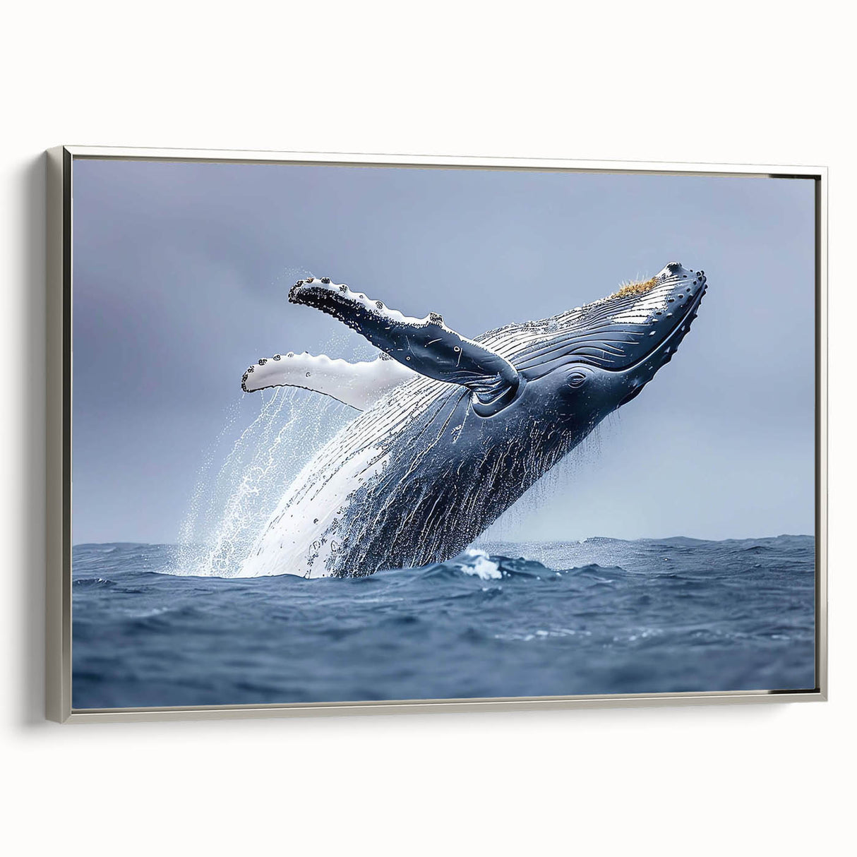 Framed canvas wall art featuring a silver side view of a majestic whale, showcasing intricate marine life design with vibrant colors, perfect for ocean-themed decor.