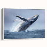 Framed canvas wall art showcasing a vibrant marine life design featuring a majestic whale in a serene ocean setting, perfect for coastal home decor.