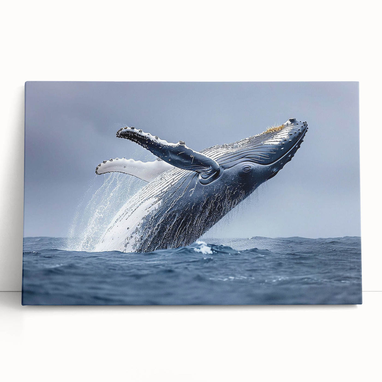 Stretched canvas wall art featuring a vibrant marine life design with a majestic whale, perfect for ocean-themed decor. Ideal for adding a touch of nature to any space.