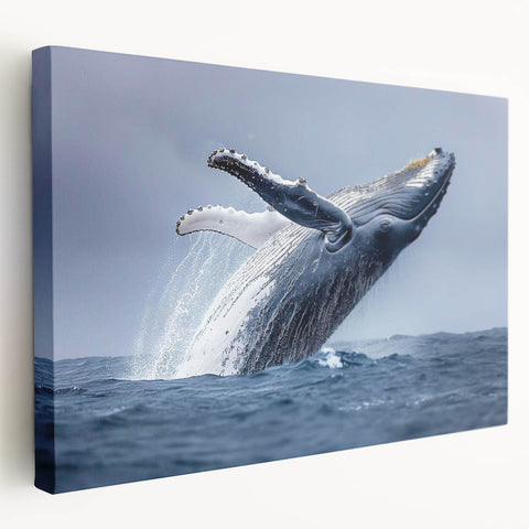 Stretched canvas featuring a vibrant marine life design showcasing a majestic whale, perfect for ocean-themed decor, with rich colors and intricate details in a side view.