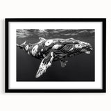 Framed wall art featuring a stunning marine life design showcasing a whale, with a black frame and mat, perfect for ocean-themed decor in modern interiors.