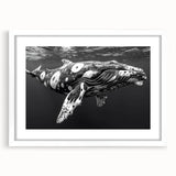Framed wall art featuring a whale design, showcasing marine life in vibrant colors with a white mat and wooden frame, perfect for ocean-themed decor.