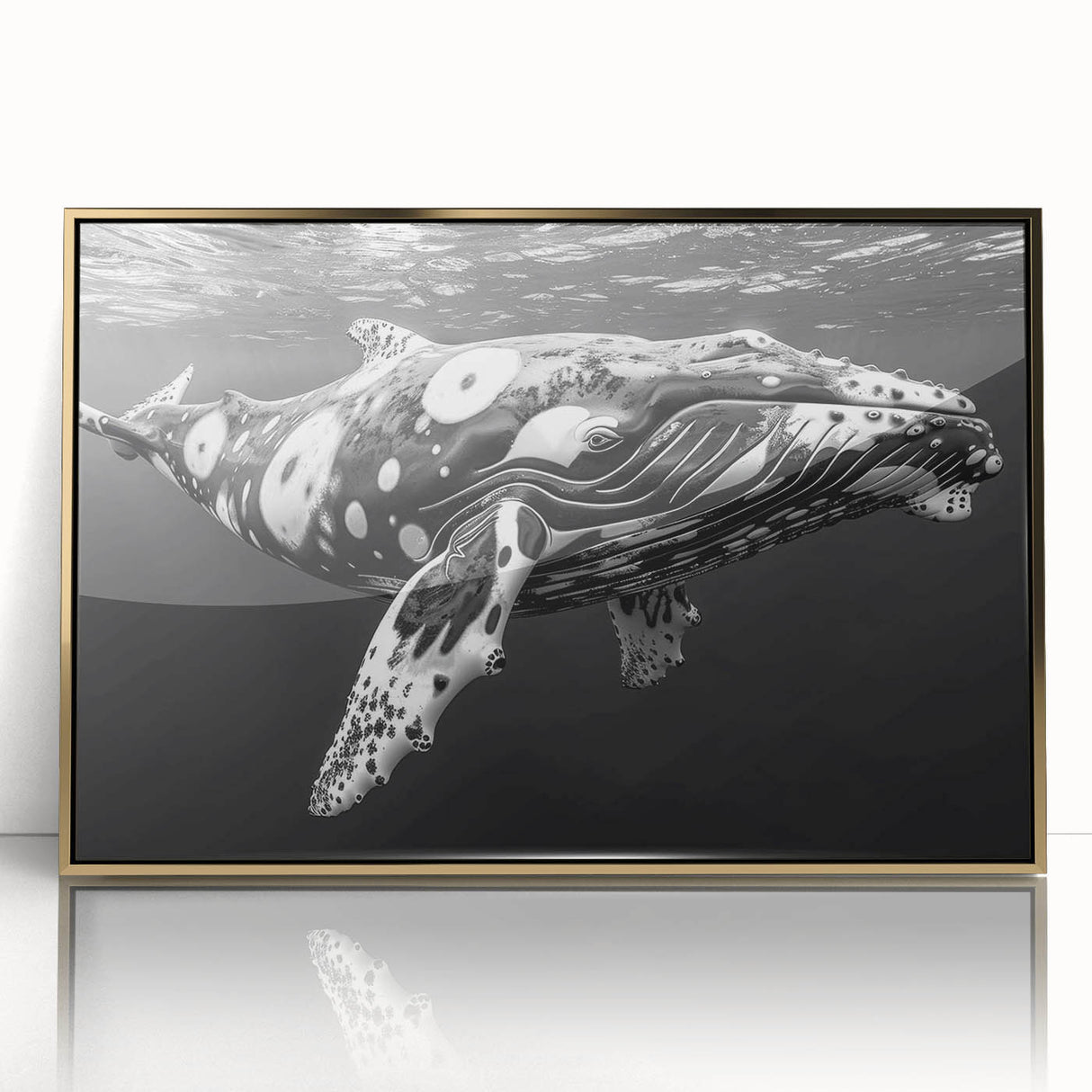 Framed wall art featuring a stunning marine life design showcasing a whale in vibrant colors, set against a luxurious gold frame, perfect for ocean-themed decor.
