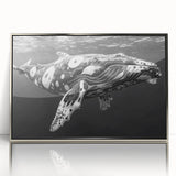 Framed wall art showcasing a striking marine life design featuring a whale, with a sleek silver frame and clear acrylic front, ideal for ocean-themed decor.
