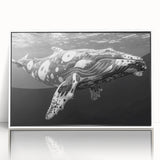 Framed acrylic wall art featuring a stunning marine life design of a majestic whale, displayed with a sleek white frame, perfect for ocean-themed decor.