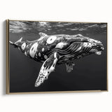 Framed canvas wall art showcasing a stunning gold marine life design featuring a whale, set against a vibrant backdrop, perfect for ocean-themed decor.