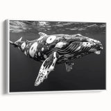 Framed canvas wall art featuring a striking whale design with vibrant marine life elements, showcasing a white background and detailed artwork, perfect for ocean-themed decor.