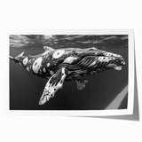 Vibrant whale-themed wall art print showcasing intricate marine life designs in soothing blue and teal tones, perfect for nautical decor enthusiasts.