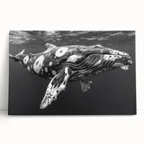 Stretched canvas wall art featuring a vibrant marine life design with a majestic blue whale, set against a serene ocean backdrop, perfect for ocean-themed decor.
