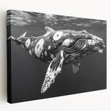 Stretched canvas wall art featuring a detailed side view of a majestic whale, showcasing vibrant marine colors and intricate textures, perfect for ocean-themed decor.