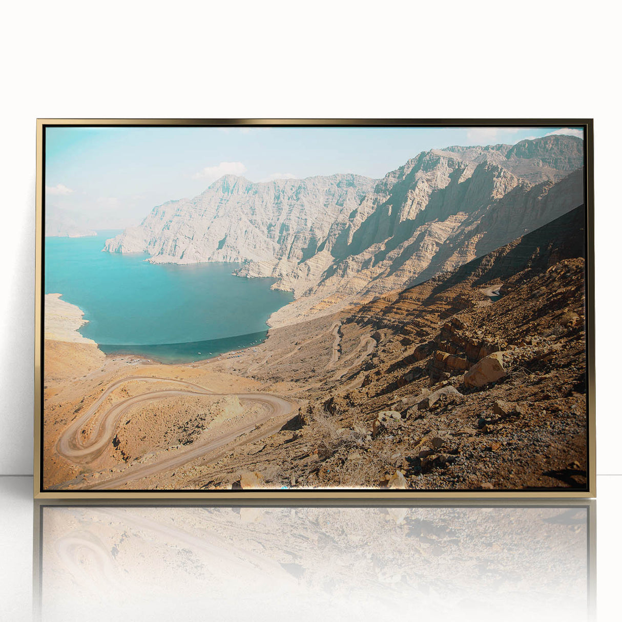 Large acrylic print of a mid-century modernist Middle Eastern cityscape in gold tones, ideal for nursery wall art.