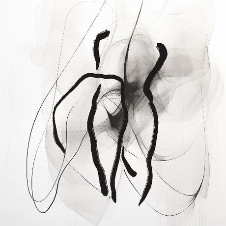 Minimalist abstract line wall art featuring two black brushstroke silhouettes on a white background