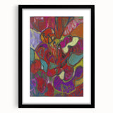 Extra large abstract art print featuring textured, colorful geometric shapes on a black framed canvas.