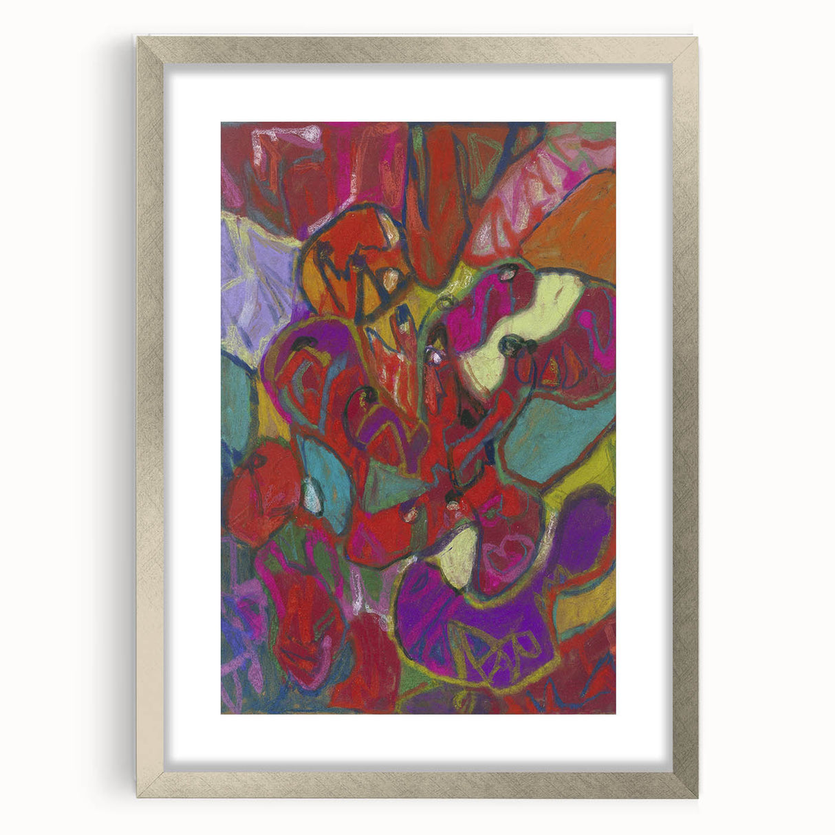 Textured abstract art print in muted earth tones on a silver-framed canvas, ideal for modern bedroom ambiance.