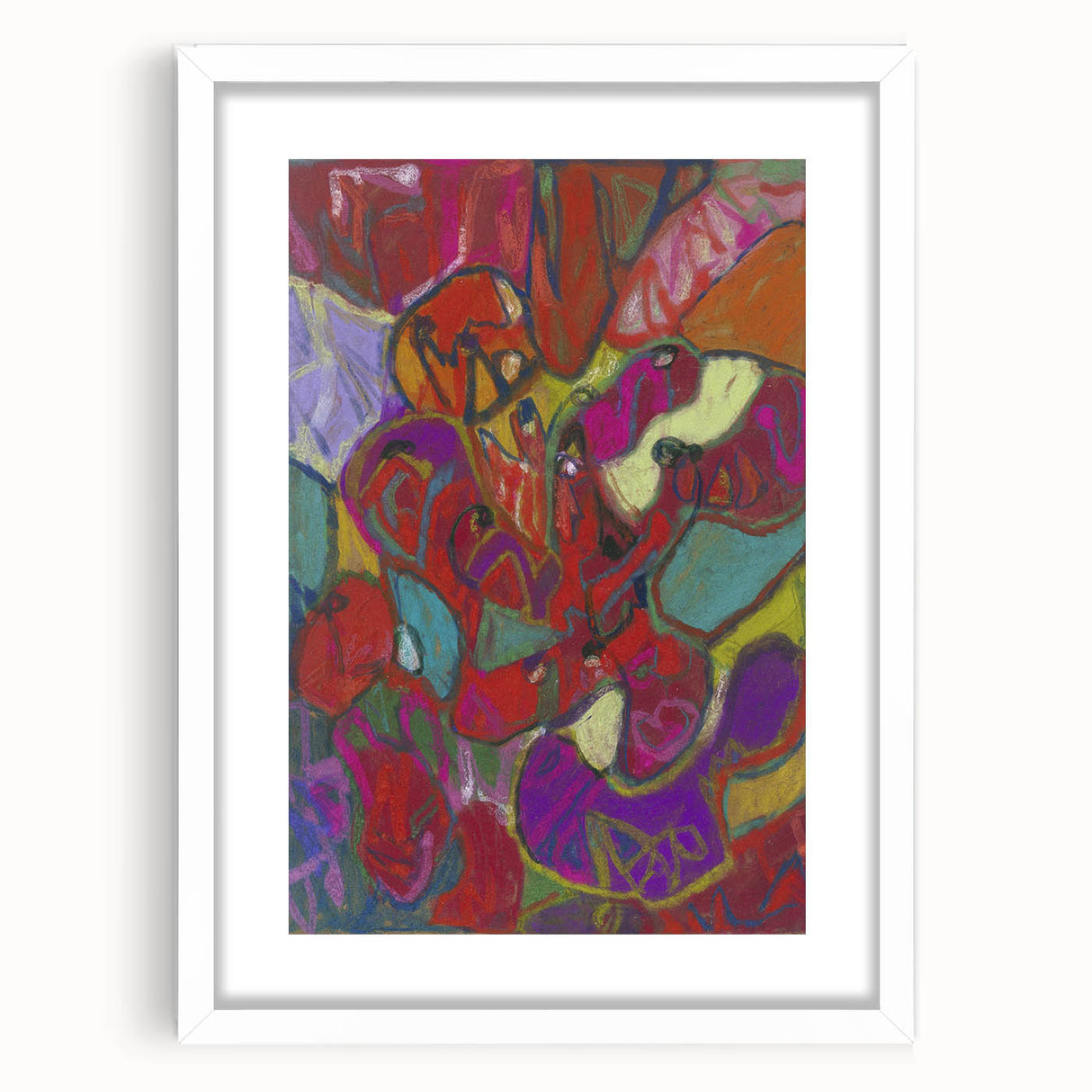 Abstract art print featuring geometric shapes in muted tones on a white-framed canvas, suitable for dining room decor.
