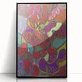 Large abstract wall art featuring dynamic geometric shapes in bold colors, framed in black acrylic.