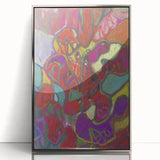 Mid-century modernist art depicting geometric shapes in muted tones on a silver-framed acrylic, ideal for nursery wall art.