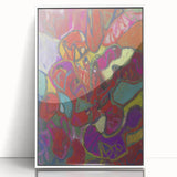 Art Deco poster of abstract forms in muted blue and pink, framed acrylic, ideal for nursery wall art.