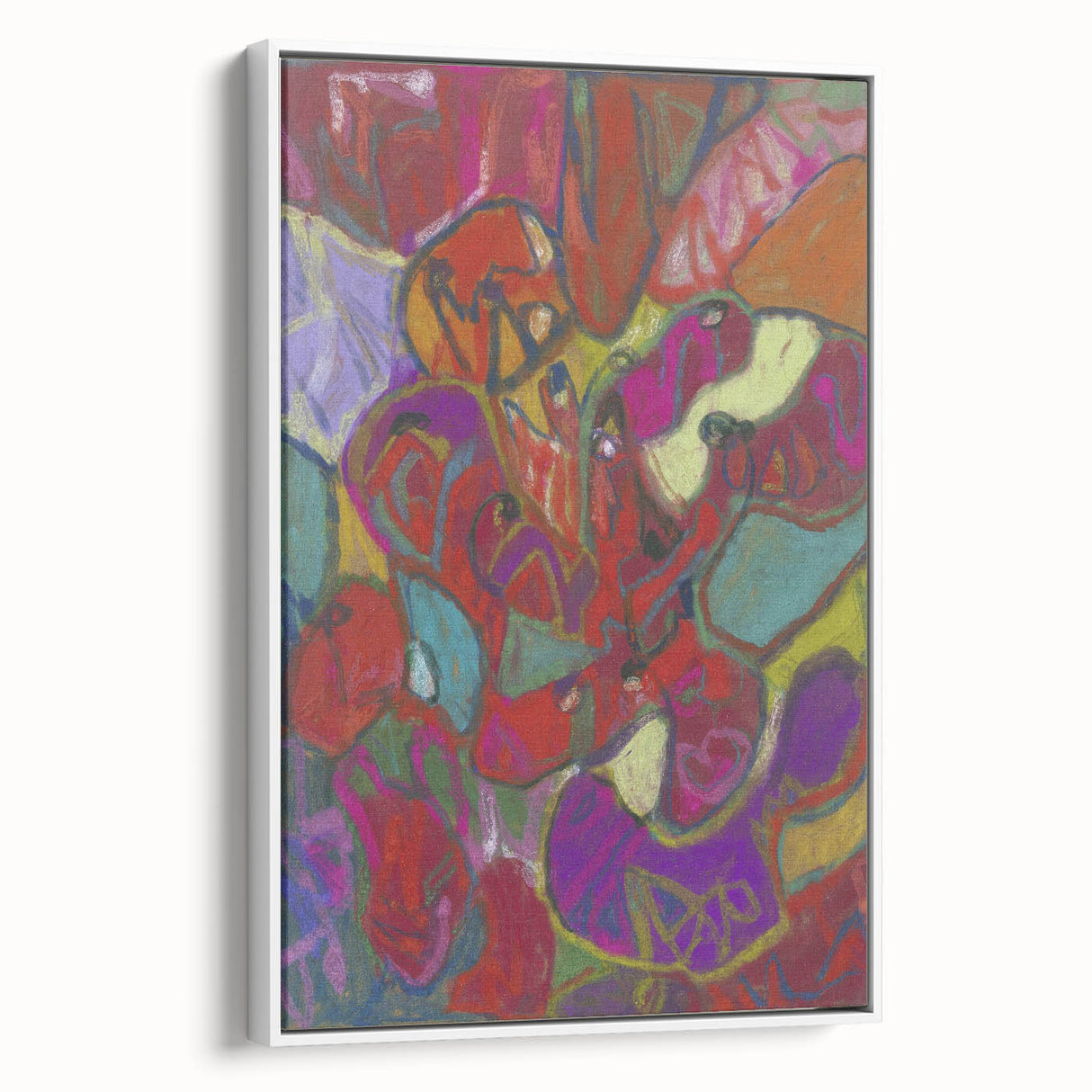 Vintage poster art featuring abstract shapes in vibrant colors on a large framed canvas, suitable for living room decor.
