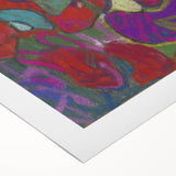 Art deco poster featuring geometric shapes in bold red, blue, and black, printed on rolled canvas.