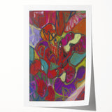 Abstract floral design in muted pastel shades on a rolled canvas, suited for art wall dining room or bathroom.