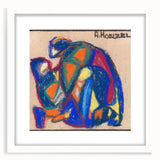 Abstract art print featuring geometric shapes in muted earth tones, framed with a white mat, suitable for dining room decor.