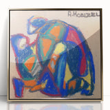 Mid-century modernist art print in gold and teal on framed acrylic, suitable for modern art wall decor or nursery.