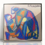 Mid-century modernist art deco poster in silver frame, featuring geometric shapes in primary colors.