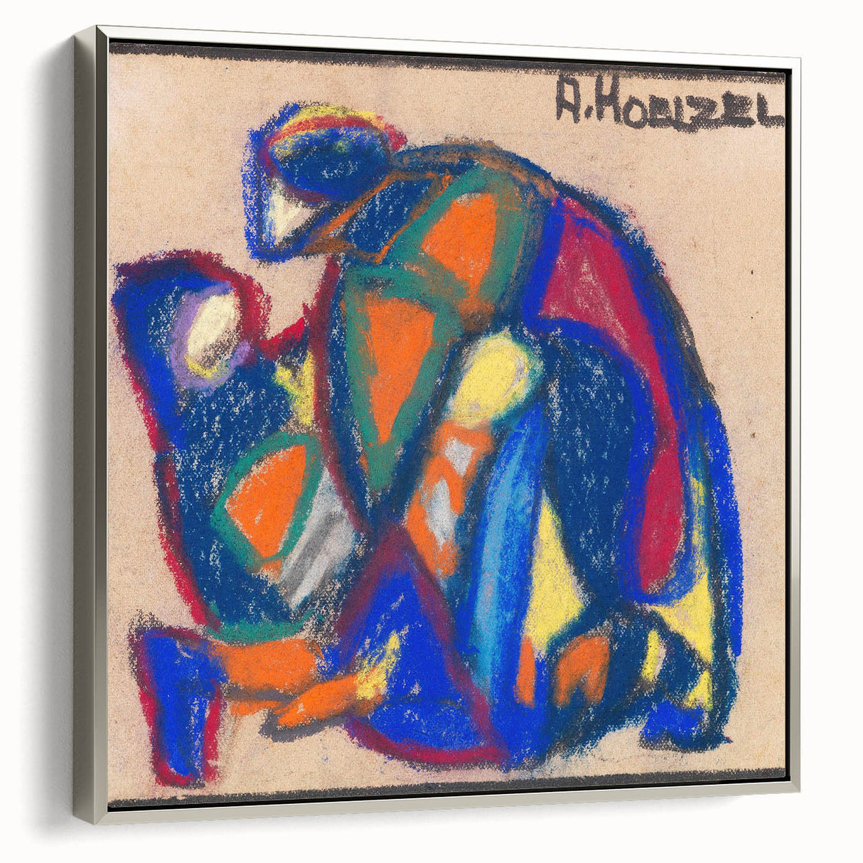 Framed canvas of a colorful, vintage landscape art painting featuring abstract shapes, ideal for modern living room decor.