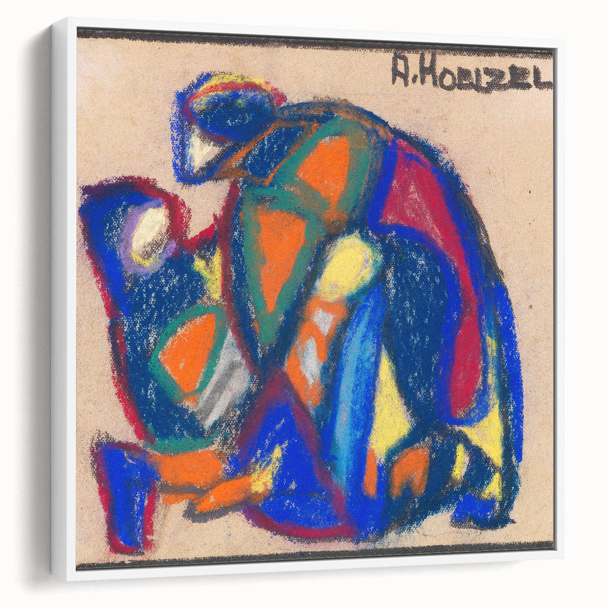 Vintage poster art featuring colorful abstract design on a large framed canvas, ideal for living room decor.