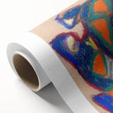 Art Deco poster featuring geometric shapes in bold colors on a rolled canvas.