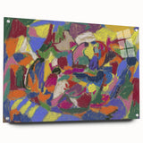 Large abstract wall art on acrylic glass, featuring vibrant geometric shapes, ideal for modern bedroom or dining room decor.