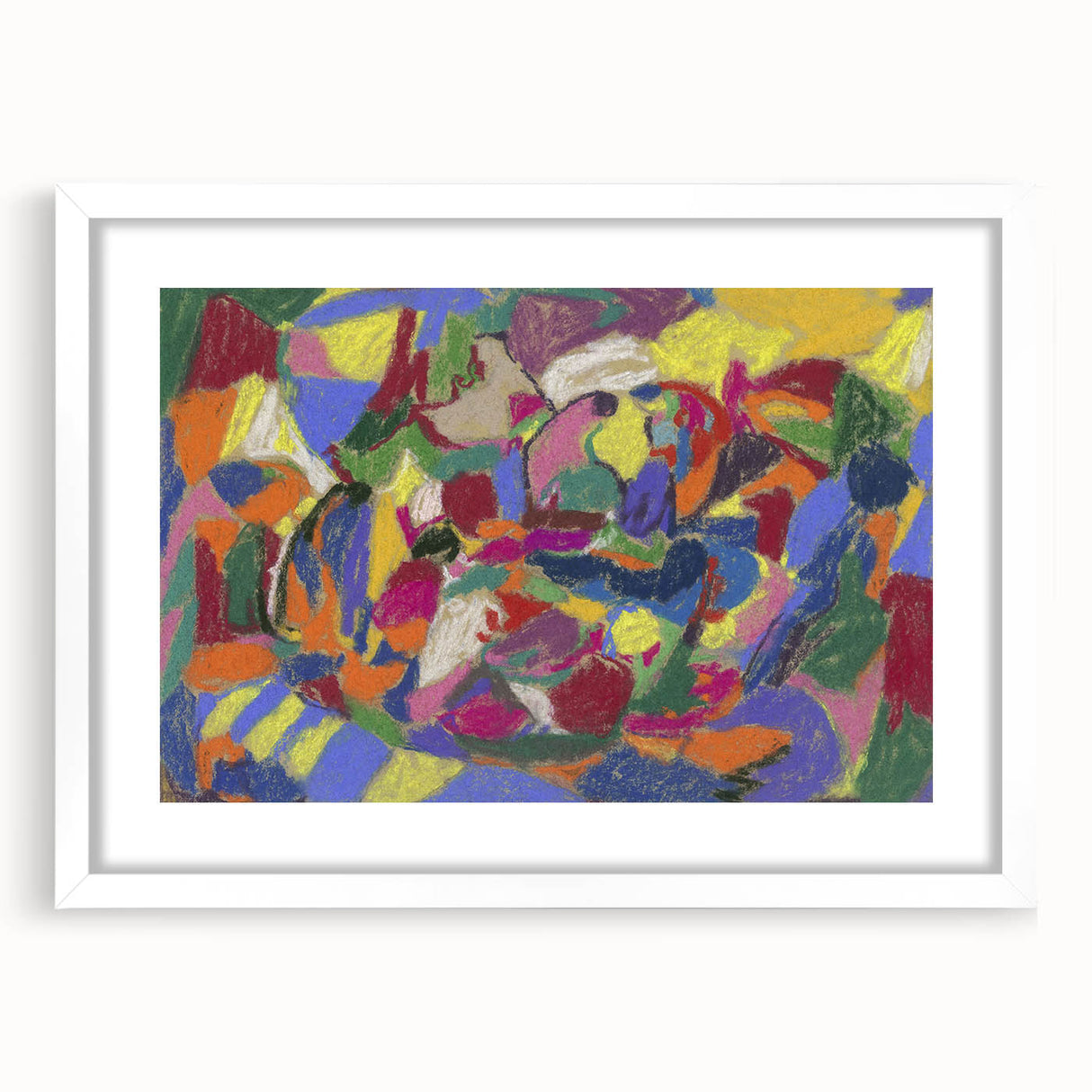 Abstract art print in muted blue and gray tones on a white framed canvas, suitable for modern bedroom or dining room decor.