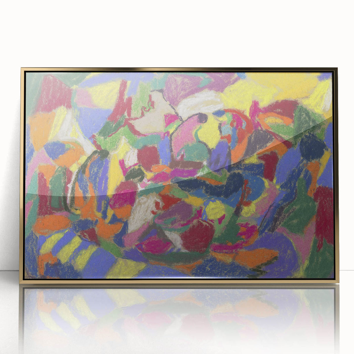 Mid-century modernist art print of abstract design in gold and black tones, framed acrylic, ideal for nursery wall decor.
