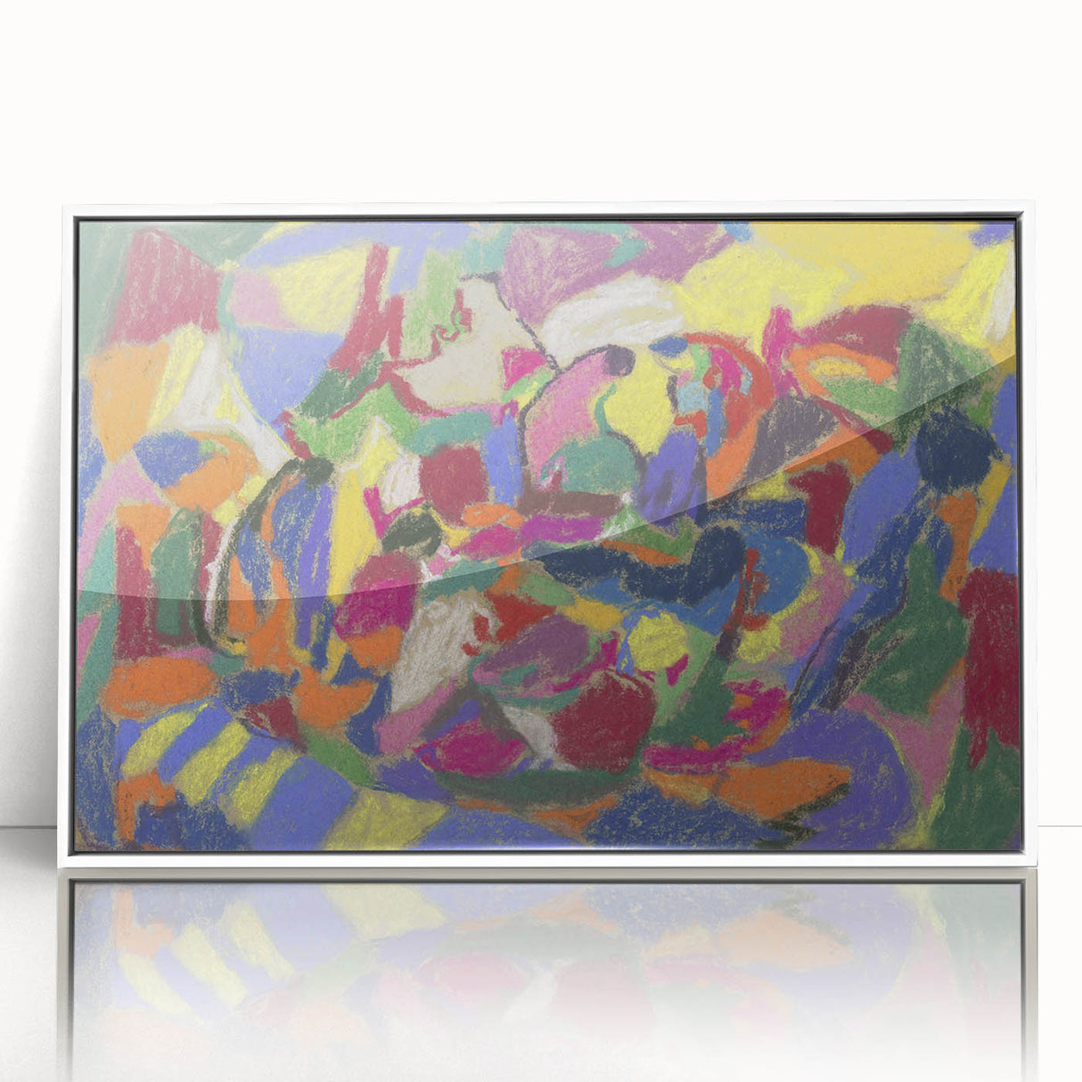 Art deco poster featuring geometric shapes in muted pastels on white acrylic, framed, suitable for modern nursery decor.