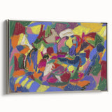 Framed canvas of a vintage poster featuring an abstract landscape in vibrant colors.