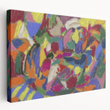 Abstract design in muted blue and green tones on a large stretched canvas, suitable for kitchen wall decor.