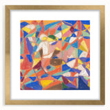 Extra large abstract art print in textured style, with muted blue and gold tones on a framed canvas.