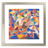 Textured abstract art print featuring geometric shapes in muted earth tones, framed in silver, ideal for bedroom art.