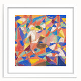 Abstract art print featuring geometric shapes in blue and gray, framed with a white mat.