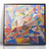 Large abstract wall art featuring mid-century modernist design in neutral and blue tones, framed in black acrylic.