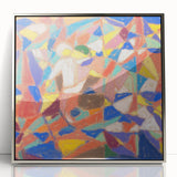 Mid-century modernist art deco poster in acrylic frame, featuring geometric shapes in a silver color scheme.