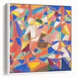 Vintage poster art by Adolf Holzel featuring abstract, colorful shapes on a large framed canvas, ideal for living room decor.